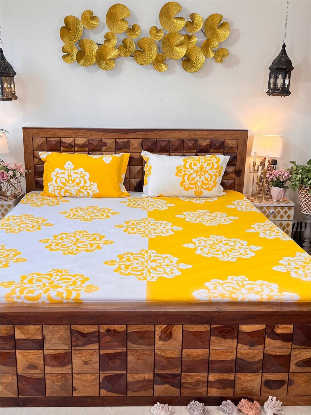URBAN SPACE Divine White Ethnic Motifs 144 TC Cotton Queen Bedsheet & 2 Pillow Covers | Grocsy