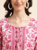 Sangria Pink & White Floral Printed Pure Cotton Straight Kurta With Trouser & Dupatta | Grocsy