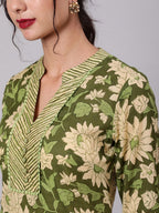 Aks Floral Printed Mandarin Collar Pure Cotton Kurta with Trousers | Grocsy