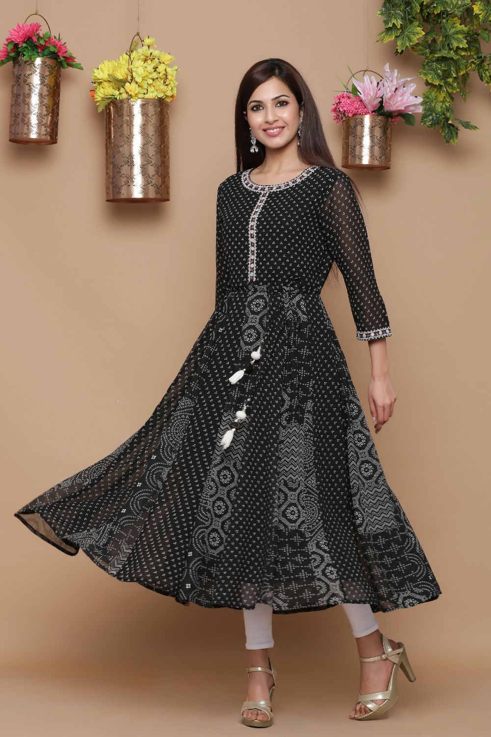 Juniper Womens Black Georgette Bandhani Print Kurta | Grocsy