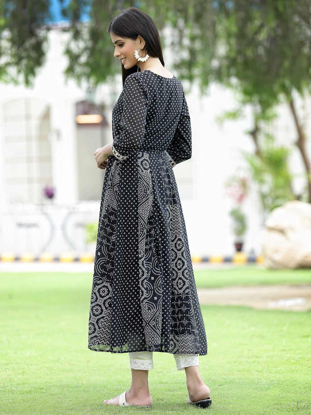 Juniper Women's Black Georgette Printed Anarkali Kurta | Grocsy