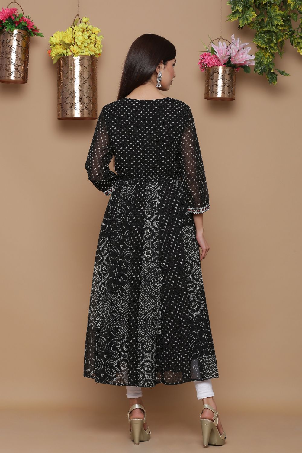 Juniper Womens Black Georgette Bandhani Print Kurta | Grocsy