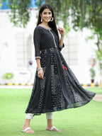 Juniper Women's Black Georgette Printed Anarkali Kurta | Grocsy