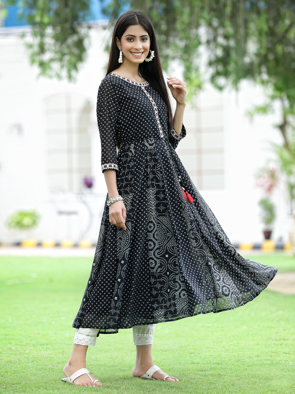 Juniper Women's Black Georgette Printed Anarkali Kurta | Grocsy