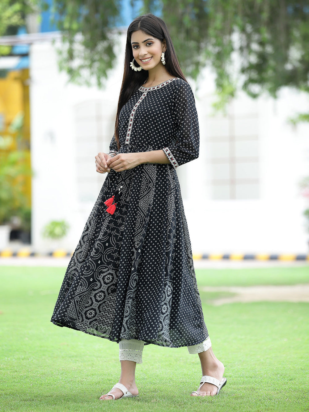 Juniper Women's Black Georgette Printed Anarkali Kurta | Grocsy