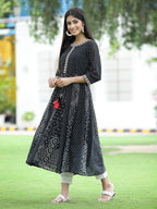 Juniper Women's Black Georgette Printed Anarkali Kurta | Grocsy