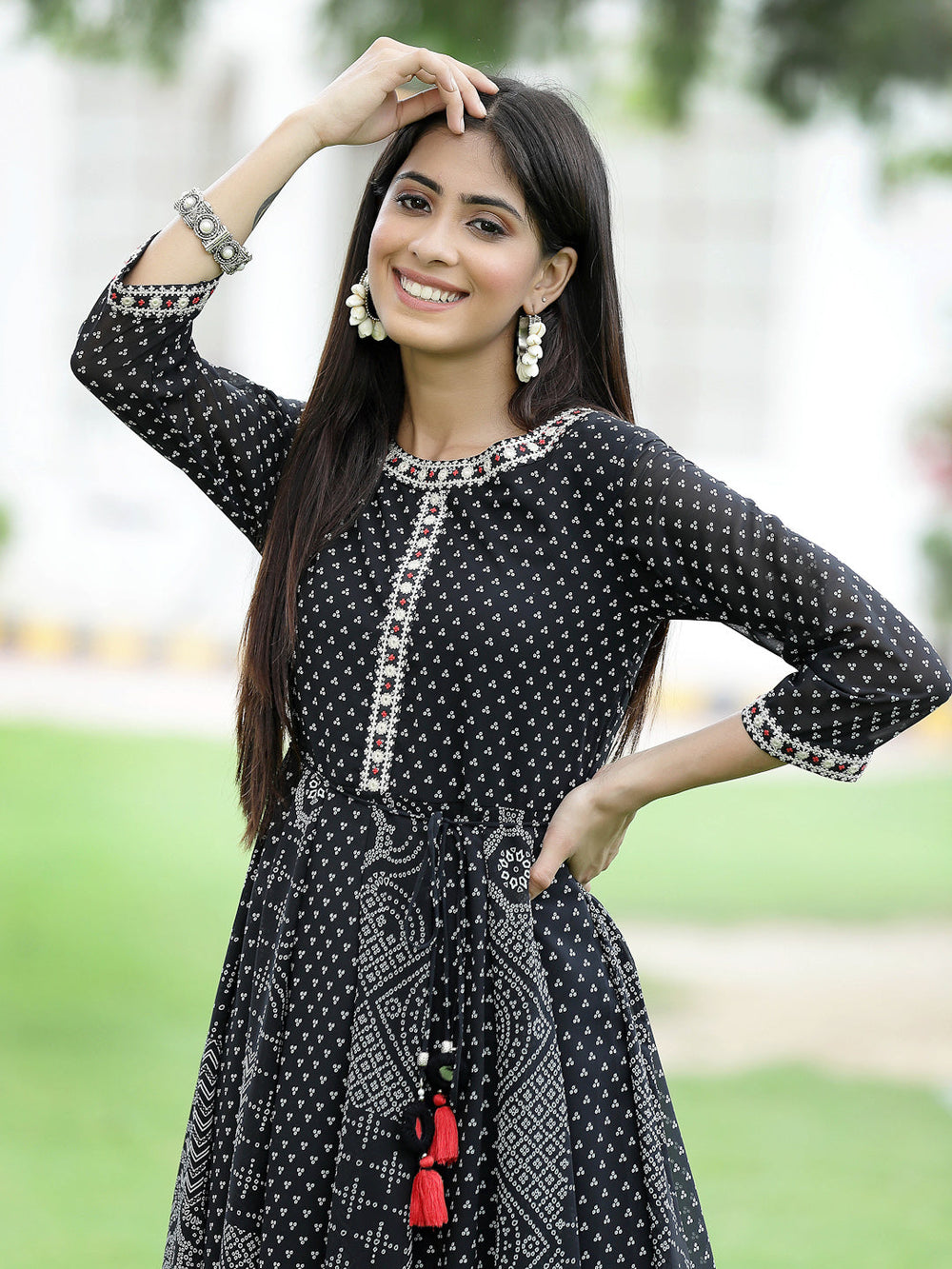 Juniper Women's Black Georgette Printed Anarkali Kurta | Grocsy