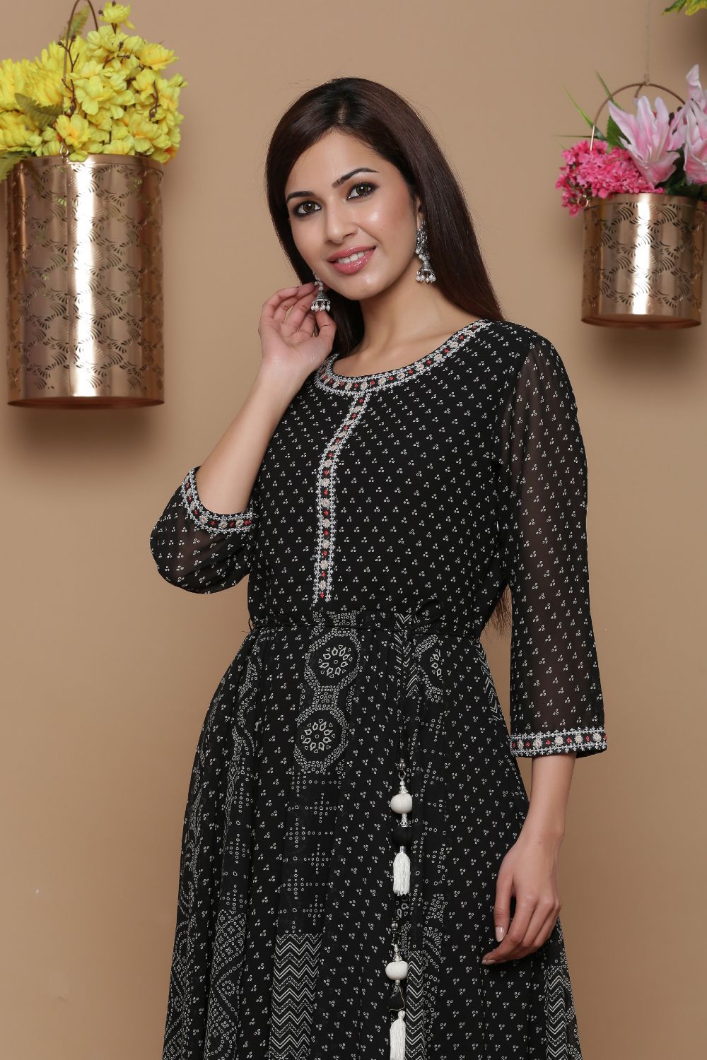 Juniper Womens Black Georgette Bandhani Print Kurta | Grocsy