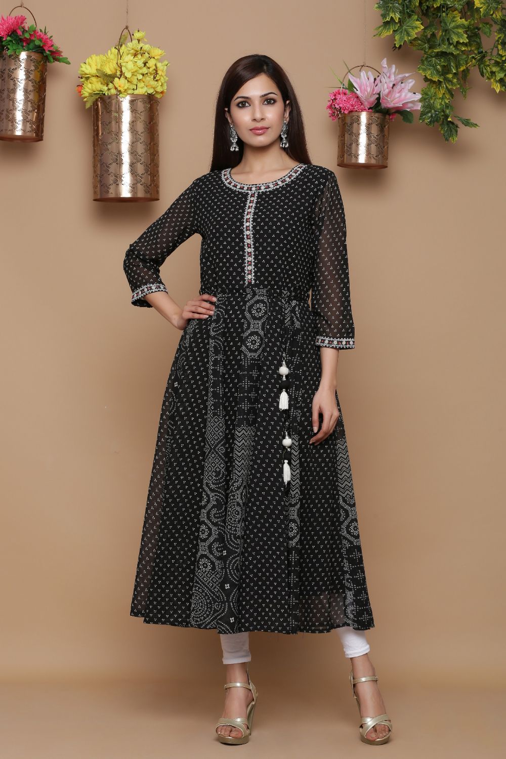 Juniper Womens Black Georgette Bandhani Print Kurta | Grocsy