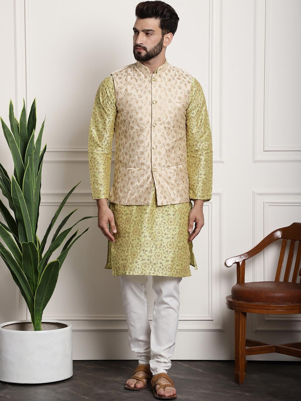 Sojanya Men Lime Green Ethnic Motifs Printed Kurta with Pyjamas & Nehru Jacket | Grocsy