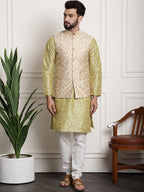 Sojanya Men Lime Green Ethnic Motifs Printed Kurta with Pyjamas & Nehru Jacket | Grocsy