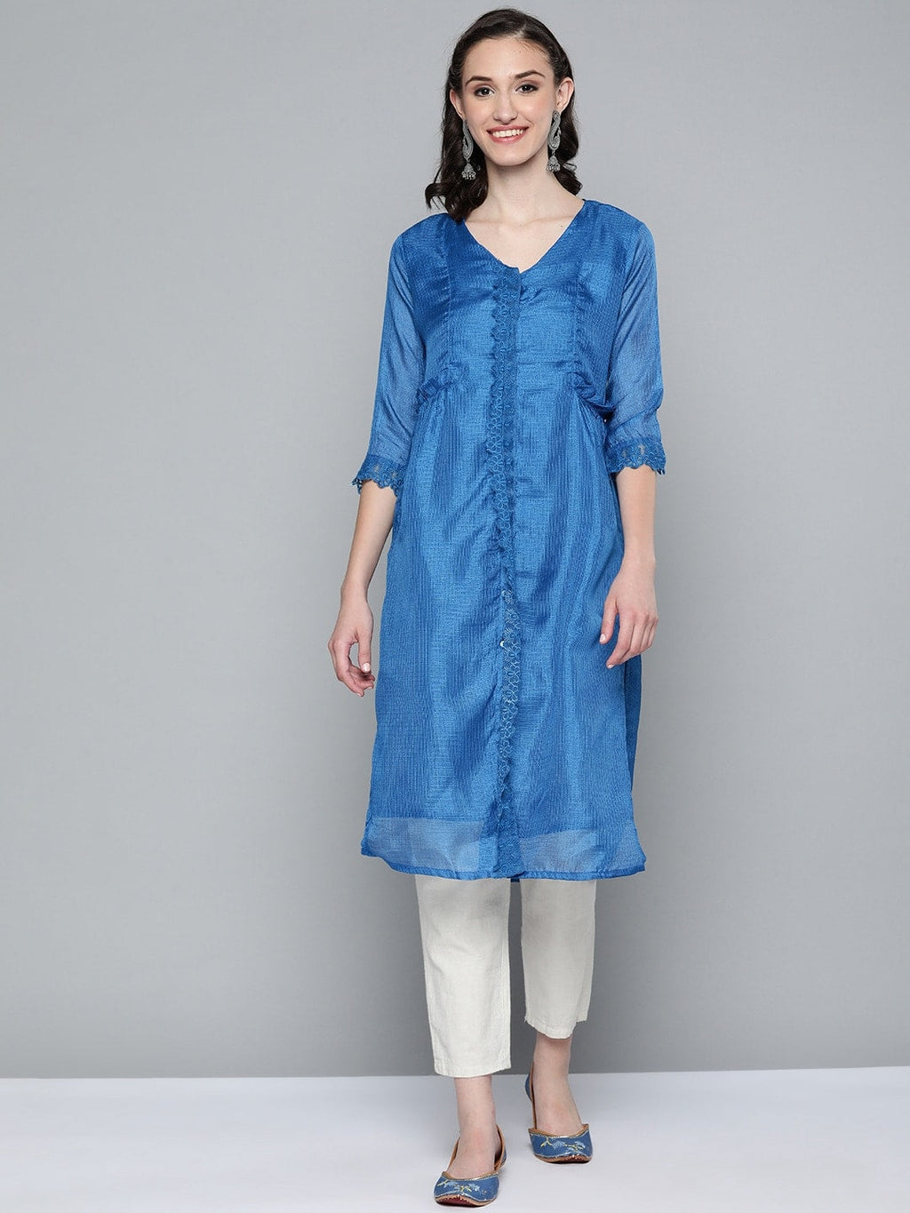 HERE&NOW Women Blue Self-Design Kurta | Grocsy