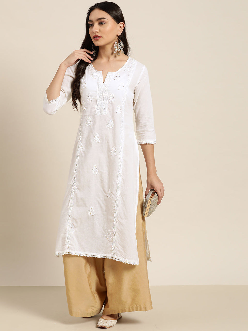 Juniper Women White Cotton Voile Embroidered Straight Kurta | Grocsy