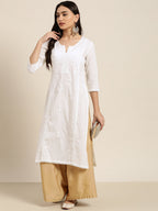 Juniper Women White Cotton Voile Embroidered Straight Kurta | Grocsy