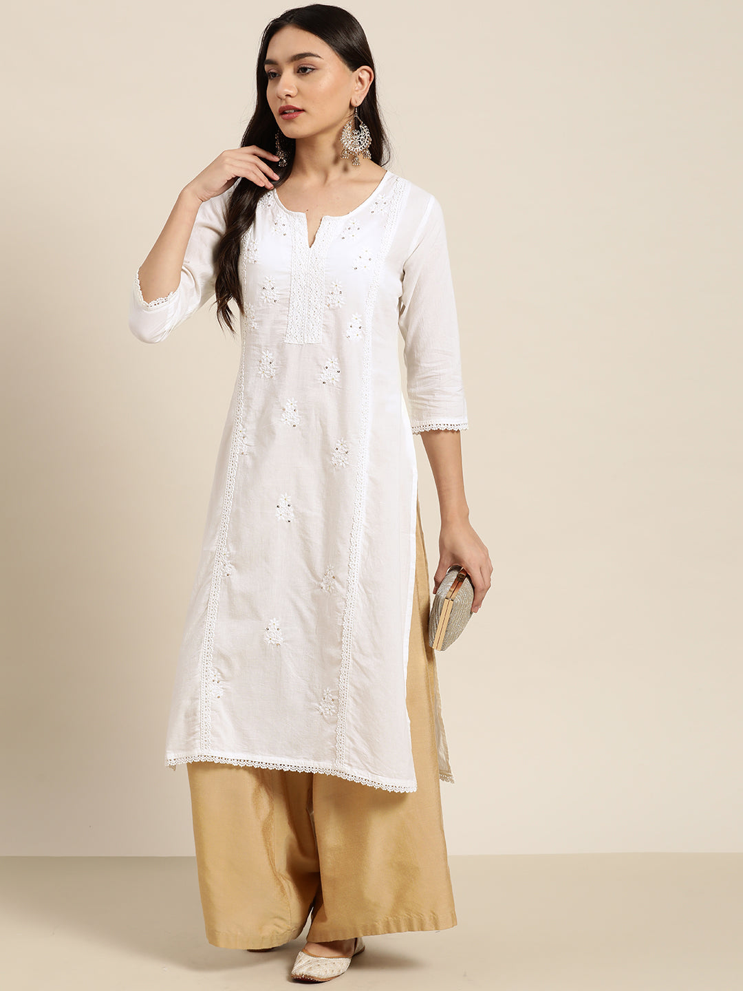 Juniper Women White Cotton Voile Embroidered Straight Kurta | Grocsy