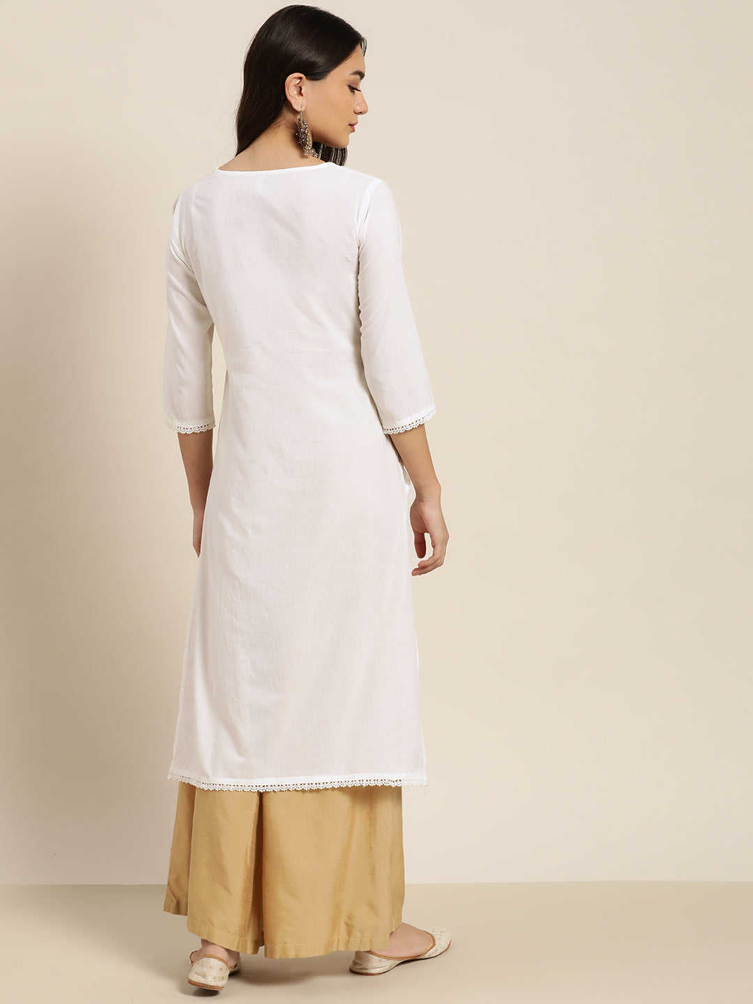Juniper Women White Cotton Voile Embroidered Straight Kurta | Grocsy