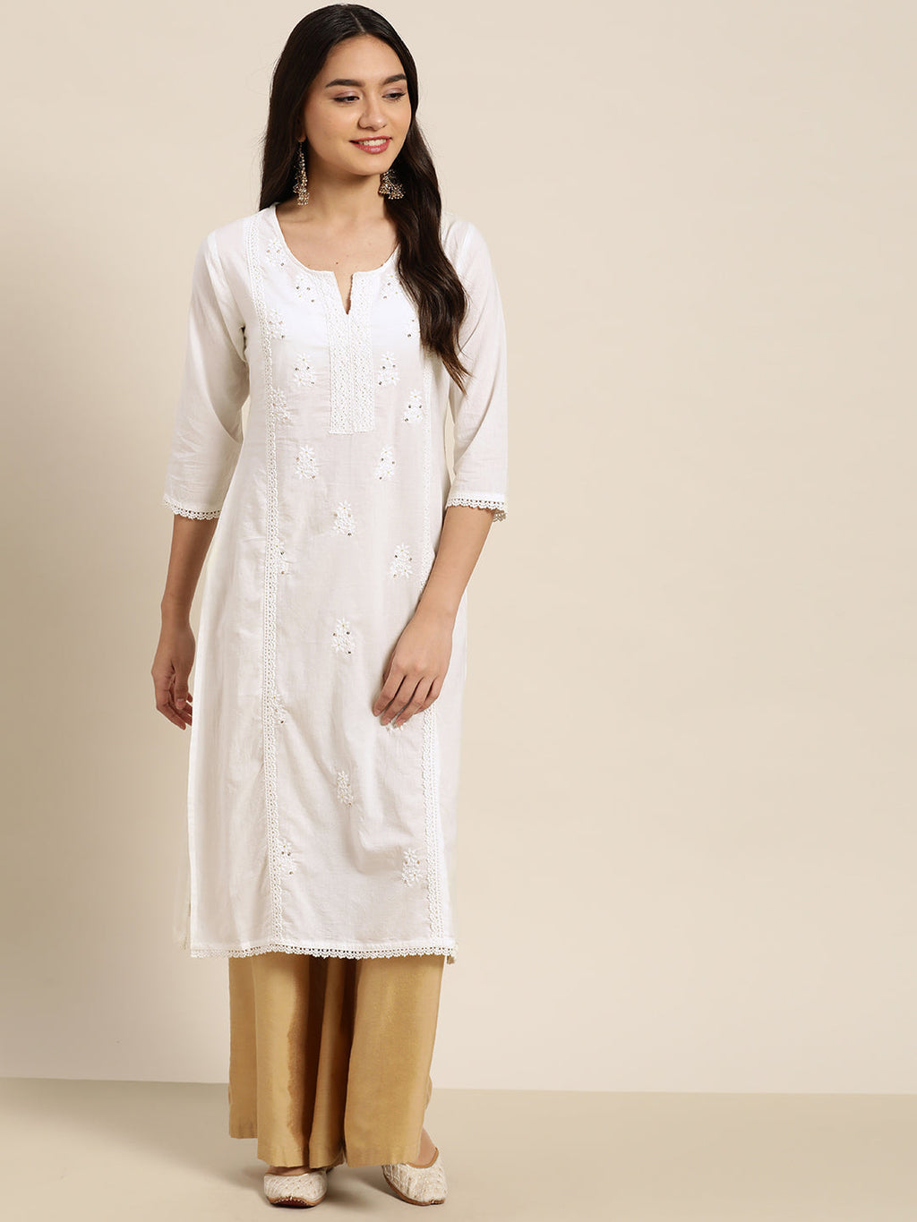 Juniper Women White Cotton Voile Embroidered Straight Kurta | Grocsy