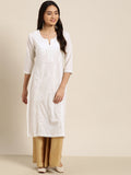 Juniper Women White Cotton Voile Embroidered Straight Kurta | Grocsy
