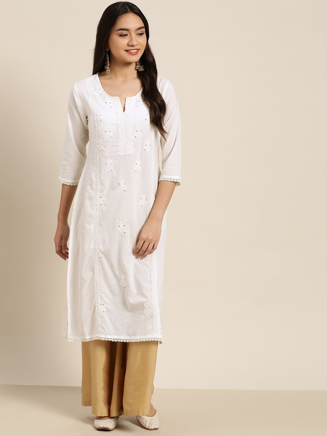 Juniper Women White Cotton Voile Embroidered Straight Kurta | Grocsy