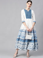 Juniper Women Blue Cotton Embroidered & Printed Tiered Dress | Grocsy