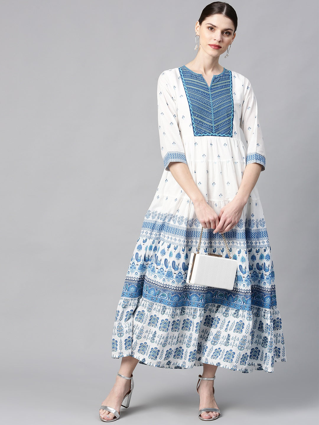 Juniper Women Blue Cotton Embroidered & Printed Tiered Dress | Grocsy