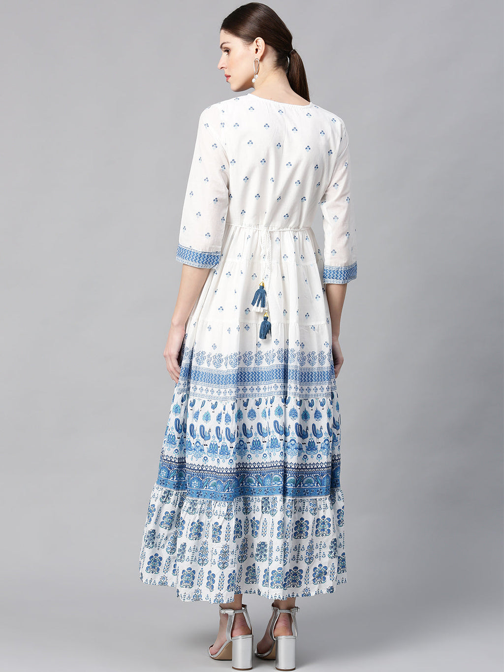Juniper Women Blue Cotton Embroidered & Printed Tiered Dress | Grocsy