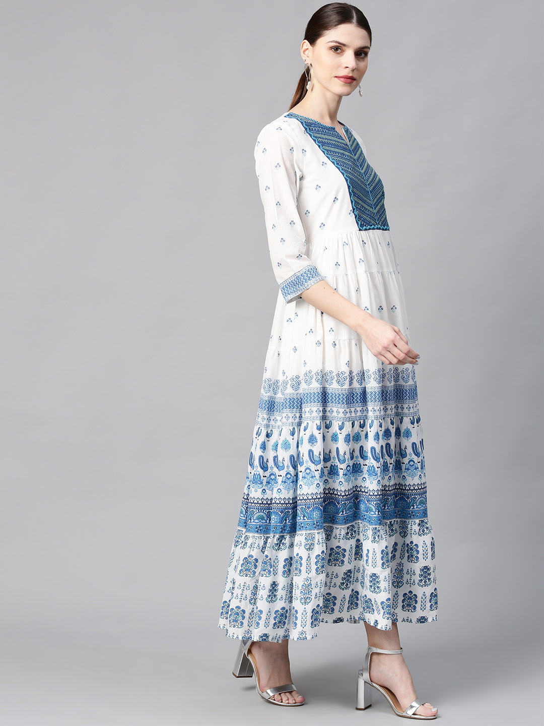 Juniper Women Blue Cotton Embroidered & Printed Tiered Dress | Grocsy