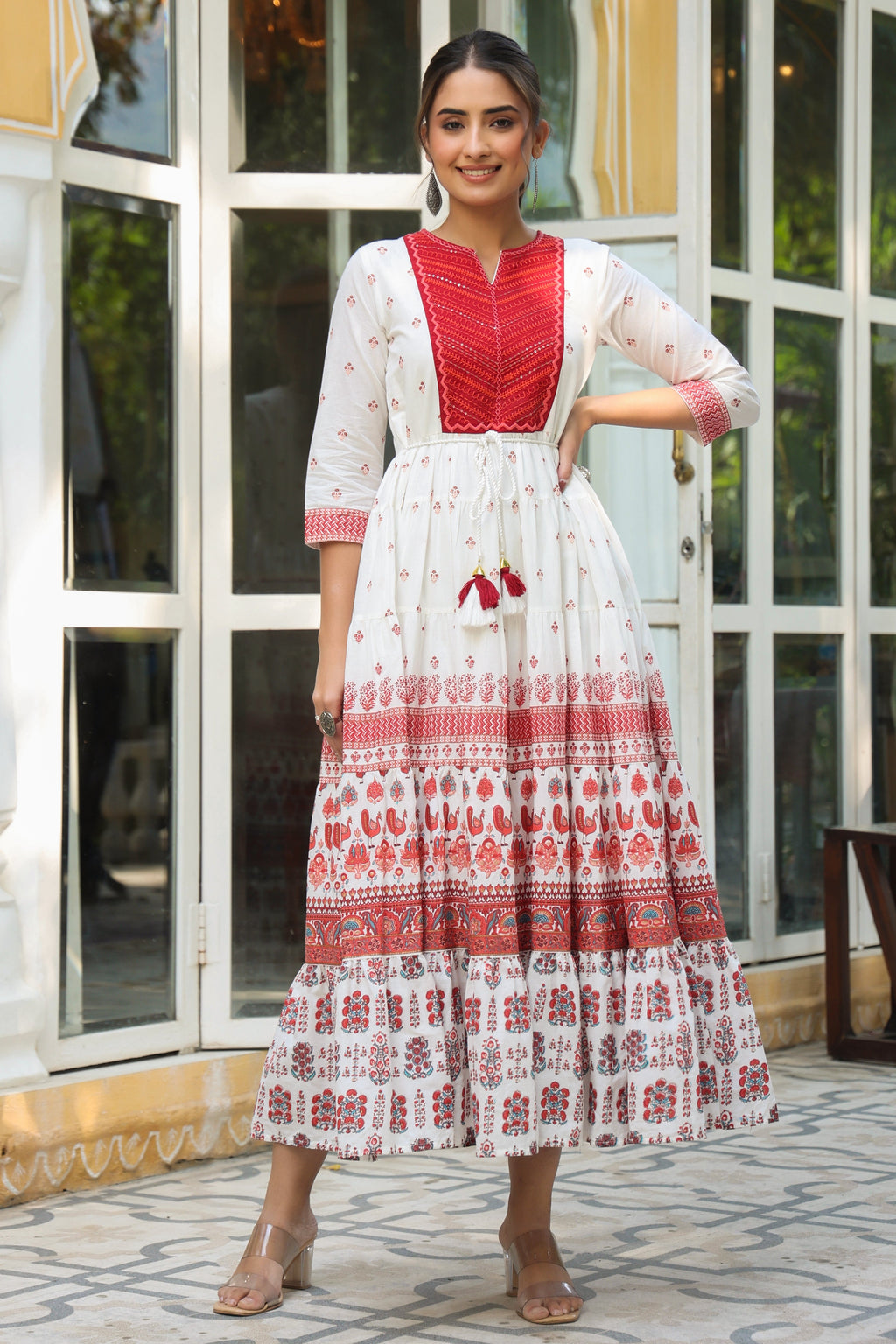 Juniper Maroon Ethnic Motif Printed Pure Cotton Tiered Maxi Dress With Sequins & Thread Work Embroidery | Grocsy