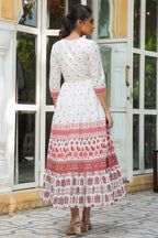 Juniper Maroon Ethnic Motif Printed Pure Cotton Tiered Maxi Dress With Sequins & Thread Work Embroidery | Grocsy