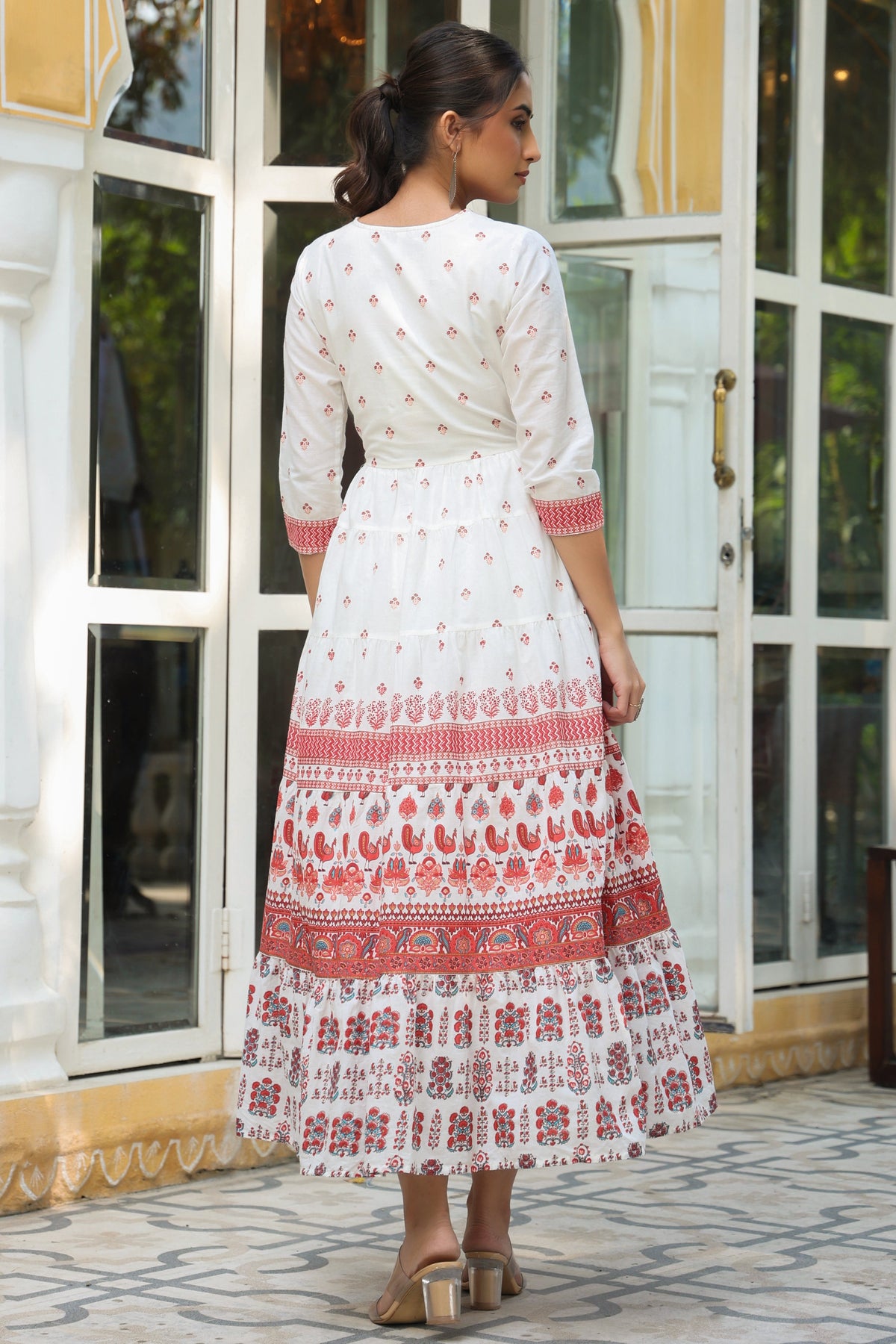 Juniper Maroon Ethnic Motif Printed Pure Cotton Tiered Maxi Dress With Sequins & Thread Work Embroidery | Grocsy