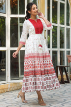 Juniper Maroon Ethnic Motif Printed Pure Cotton Tiered Maxi Dress With Sequins & Thread Work Embroidery | Grocsy