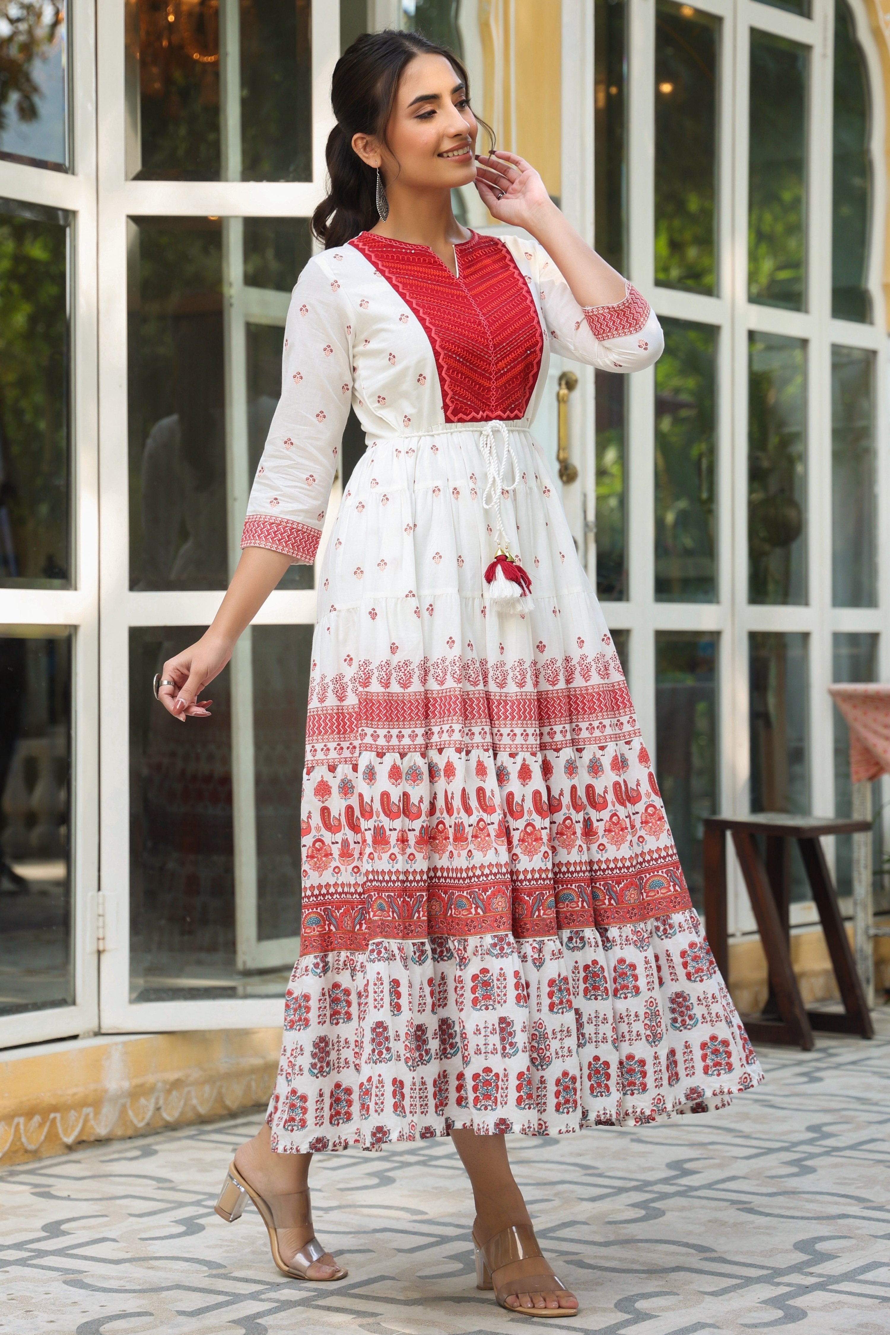 Juniper Maroon Ethnic Motif Printed Pure Cotton Tiered Maxi Dress With Sequins & Thread Work Embroidery | Grocsy