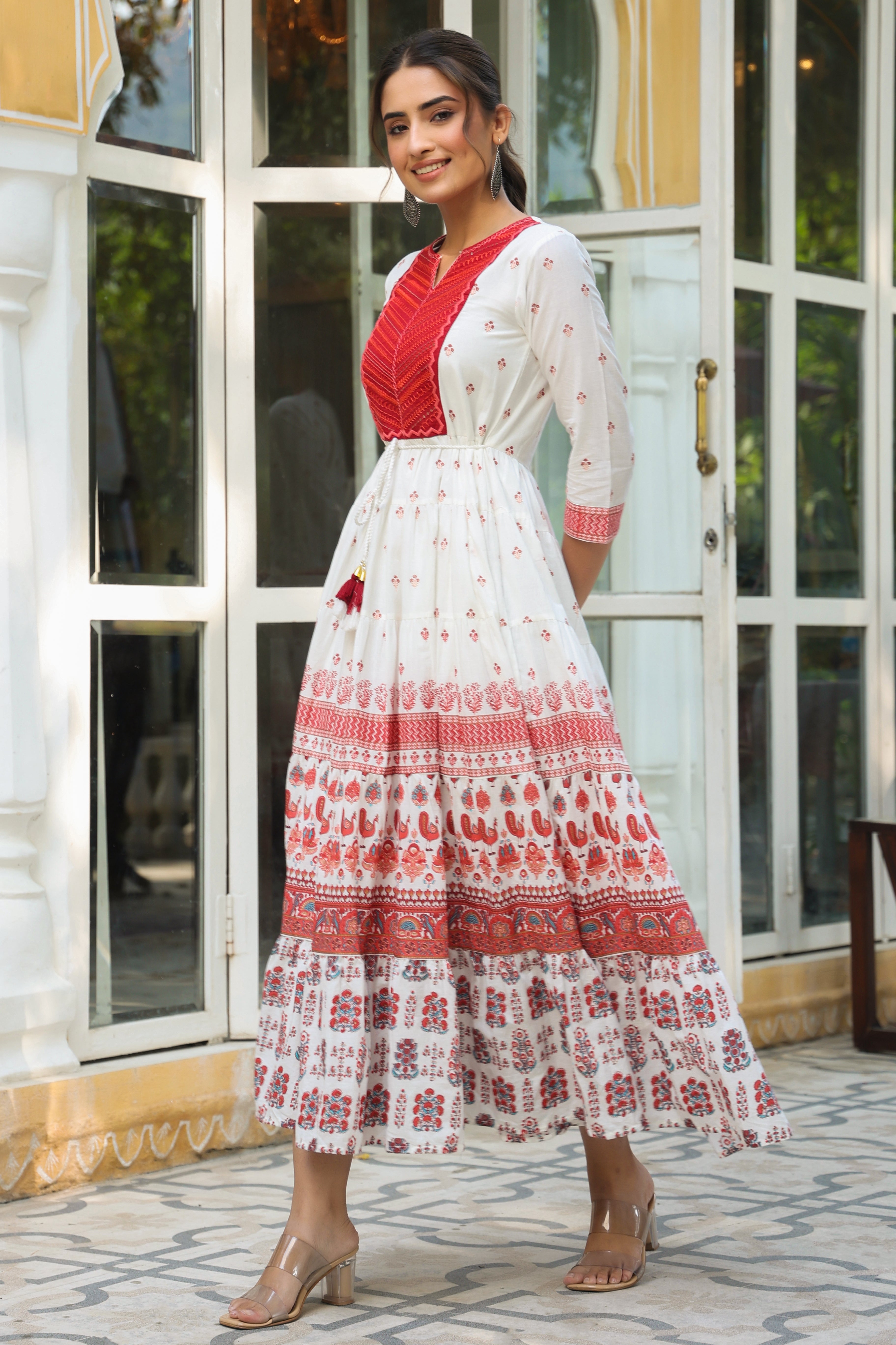Juniper Maroon Ethnic Motif Printed Pure Cotton Tiered Maxi Dress With Sequins & Thread Work Embroidery | Grocsy