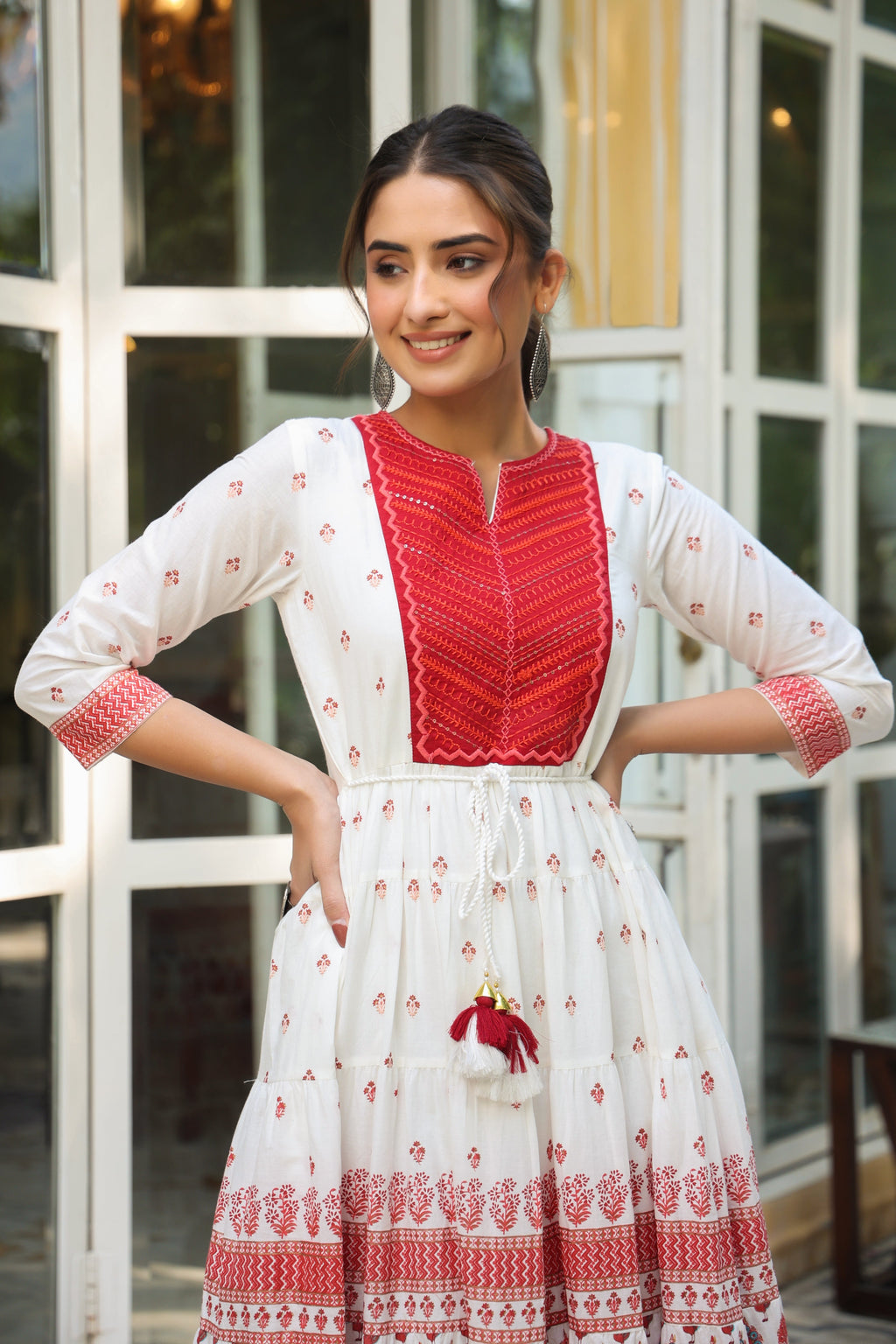 Juniper Maroon Ethnic Motif Printed Pure Cotton Tiered Maxi Dress With Sequins & Thread Work Embroidery | Grocsy