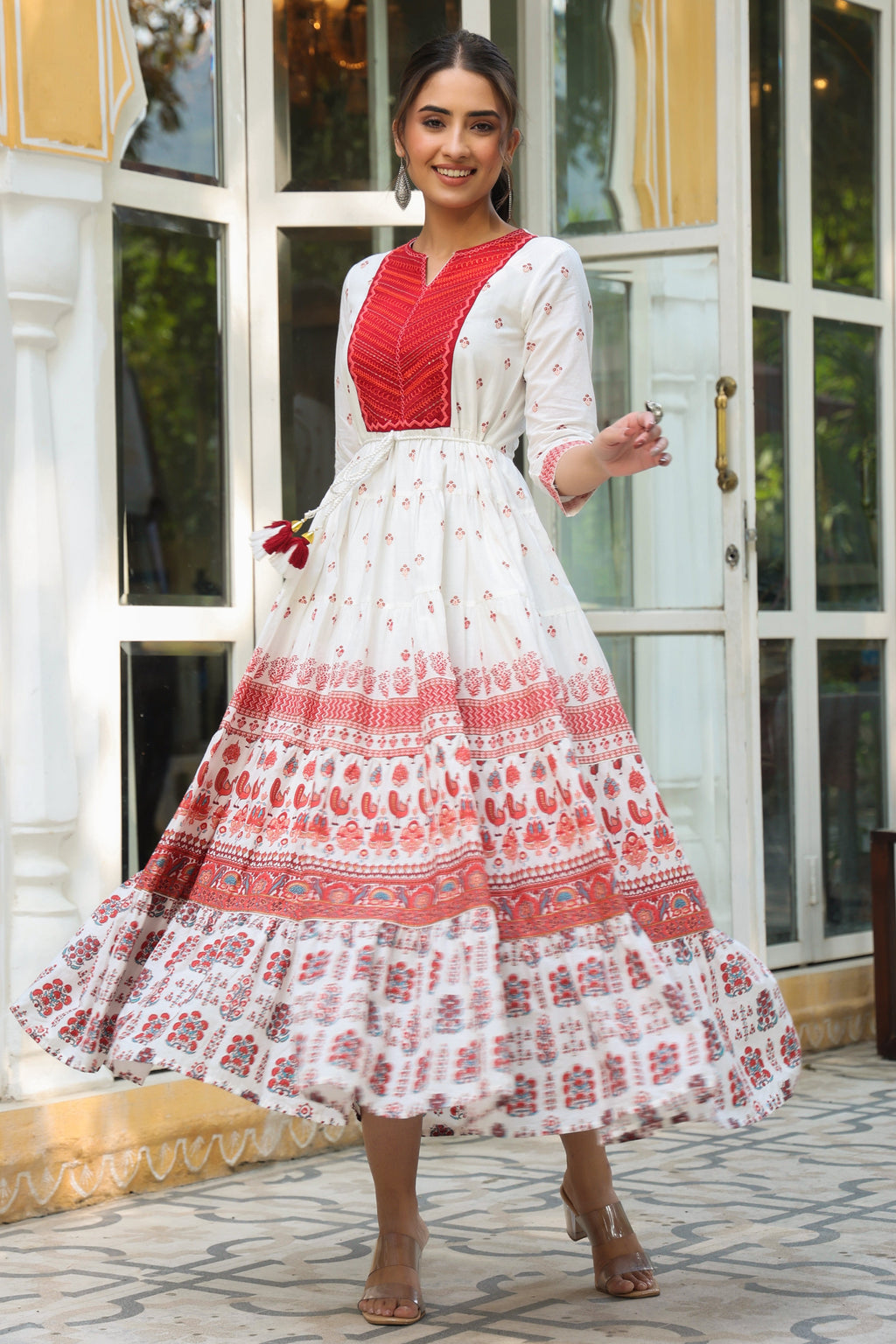 Juniper Maroon Ethnic Motif Printed Pure Cotton Tiered Maxi Dress With Sequins & Thread Work Embroidery | Grocsy