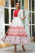 Juniper Maroon Ethnic Motif Printed Pure Cotton Tiered Maxi Dress With Sequins & Thread Work Embroidery | Grocsy