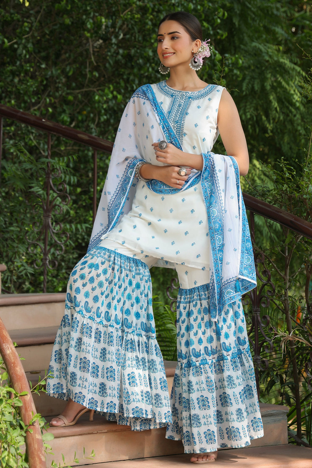 Juniper Womens Blue Embroidered And Printed Kurta Sharara Dupatta Set | Grocsy