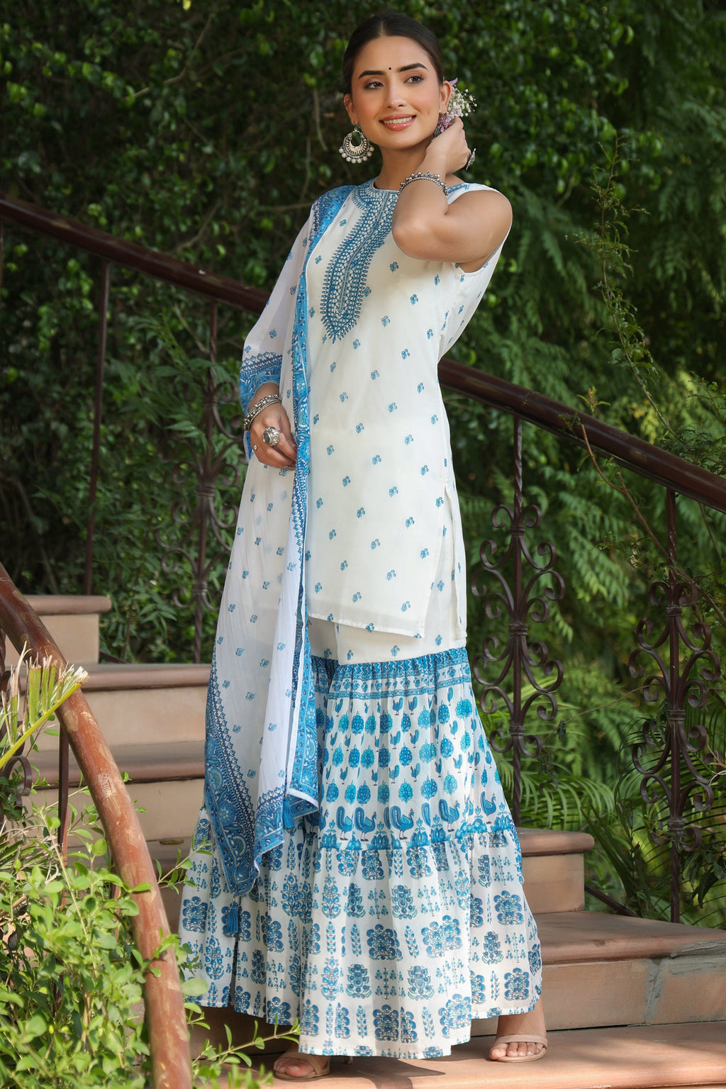 Juniper Womens Blue Embroidered And Printed Kurta Sharara Dupatta Set | Grocsy