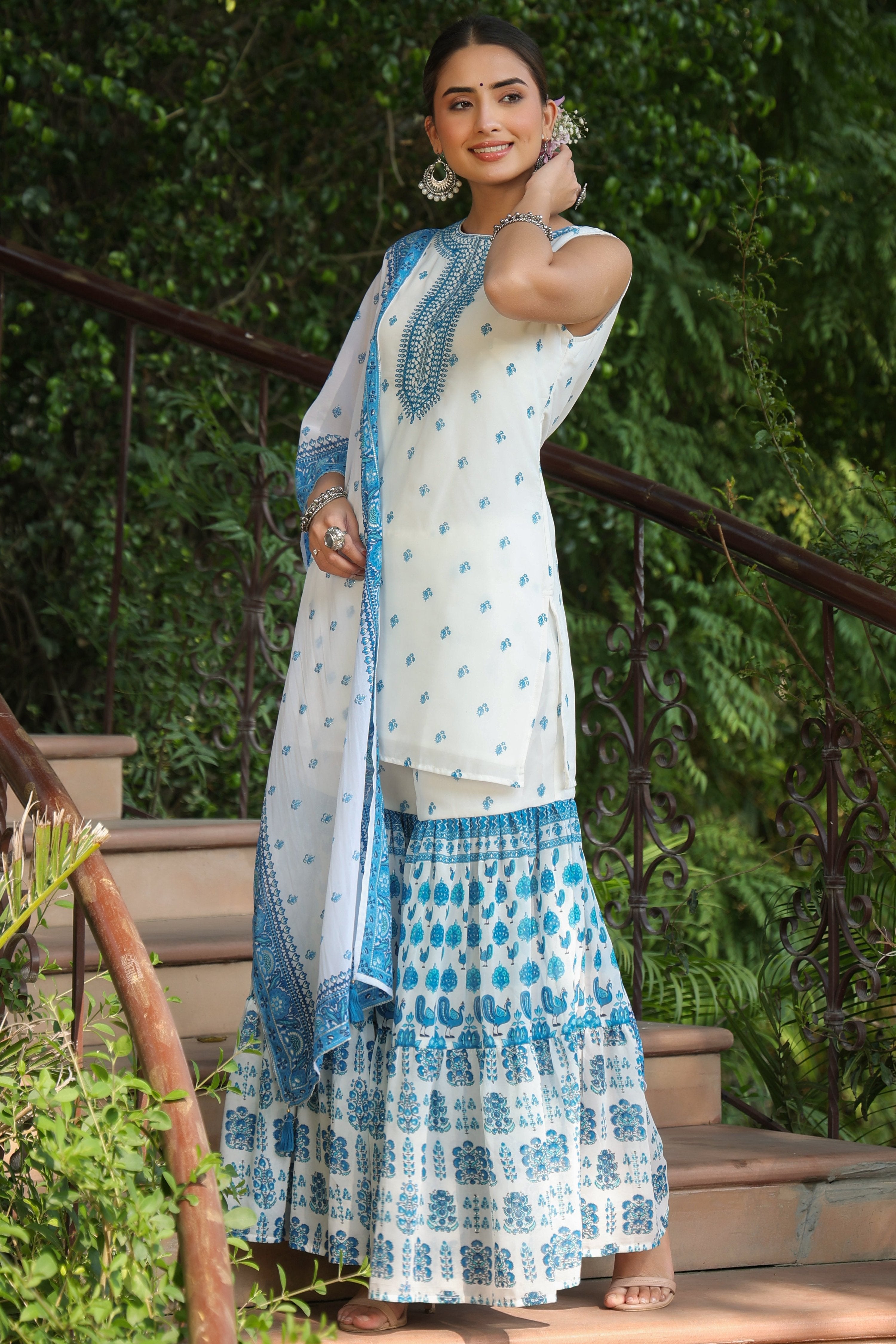 Juniper Womens Blue Embroidered And Printed Kurta Sharara Dupatta Set | Grocsy