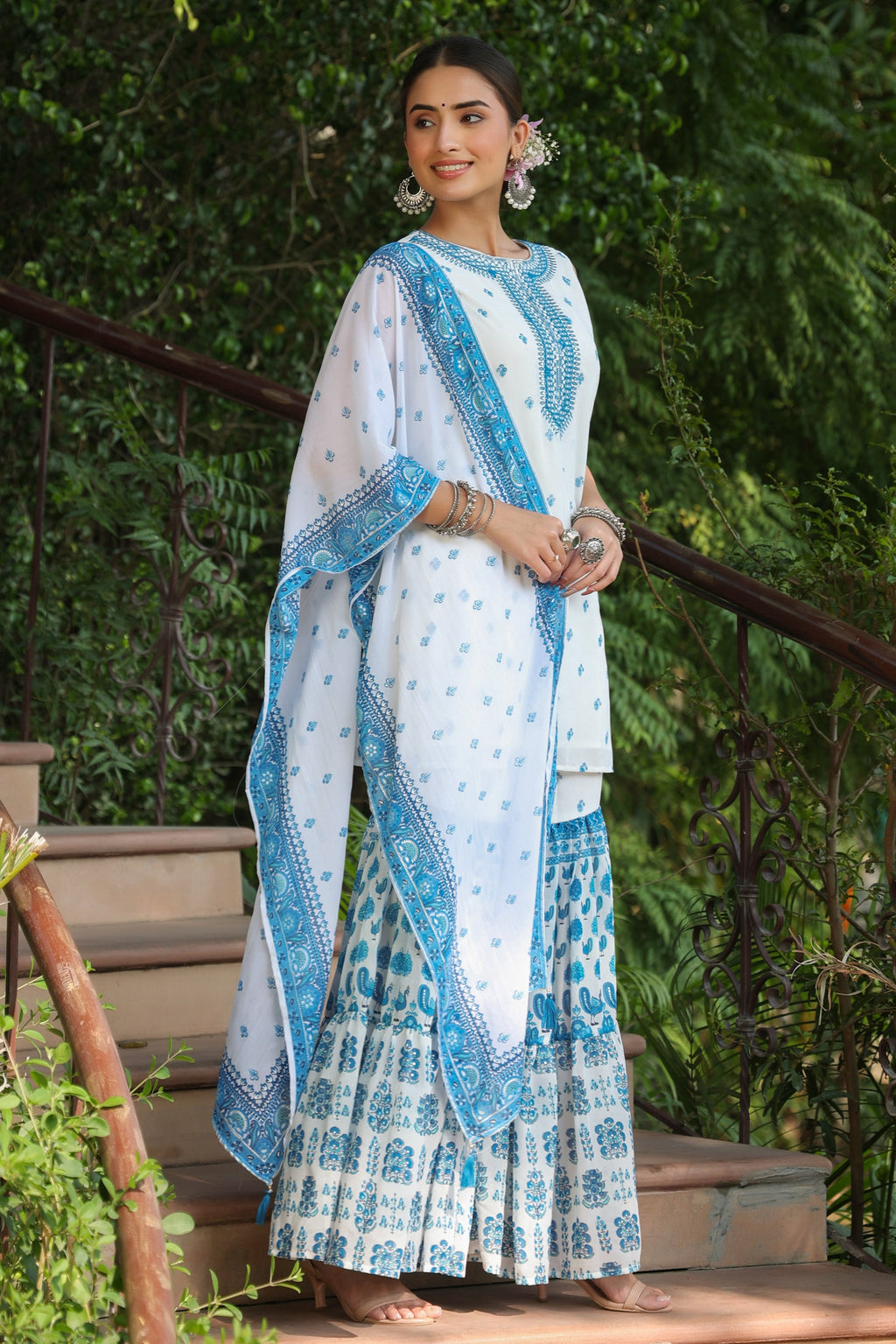 Juniper Womens Blue Embroidered And Printed Kurta Sharara Dupatta Set | Grocsy