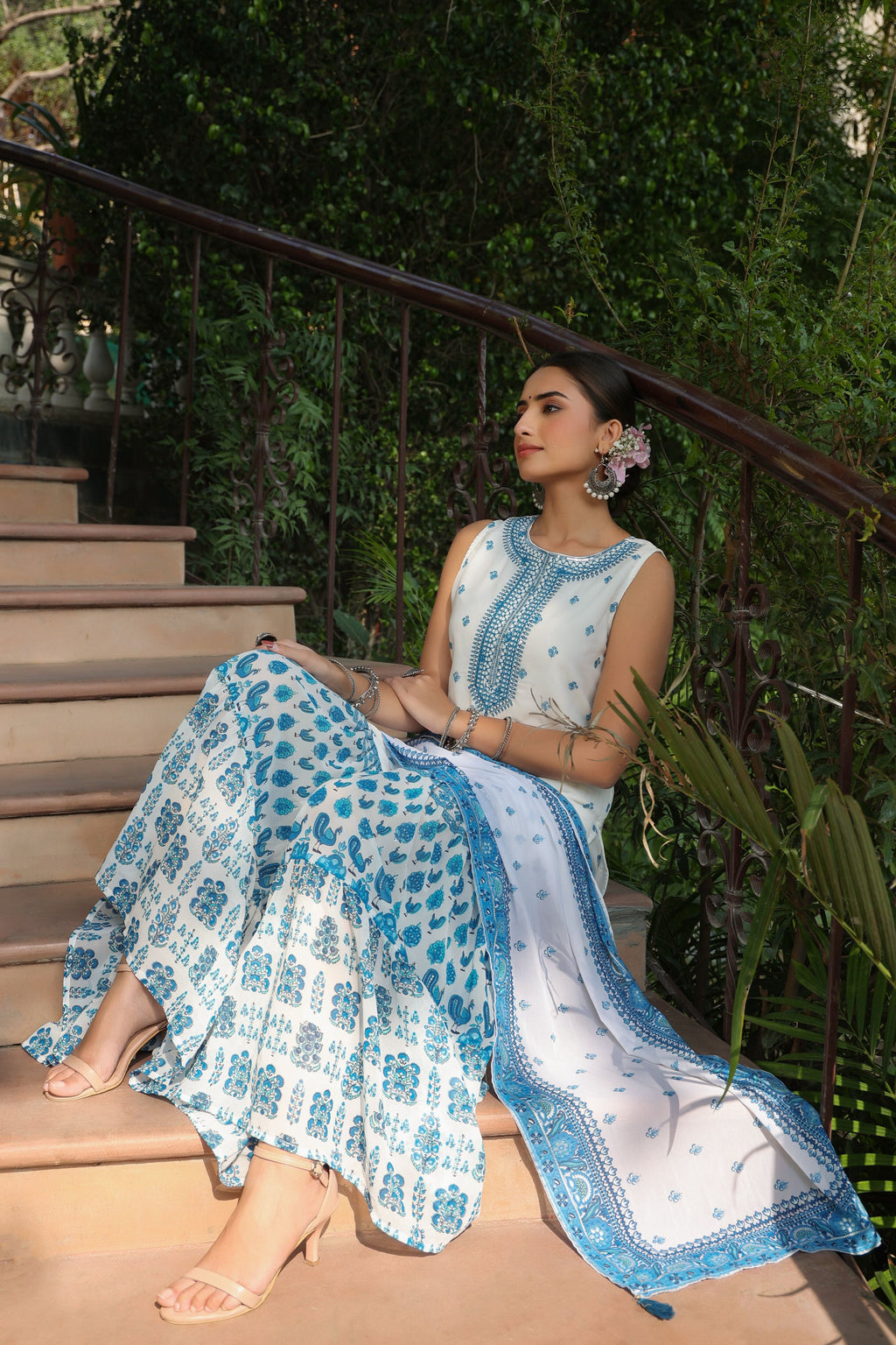 Juniper Womens Blue Embroidered And Printed Kurta Sharara Dupatta Set | Grocsy