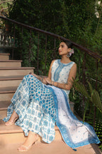 Juniper Womens Blue Embroidered And Printed Kurta Sharara Dupatta Set | Grocsy