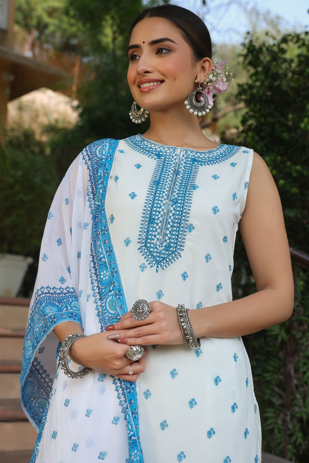 Juniper Womens Blue Embroidered And Printed Kurta Sharara Dupatta Set | Grocsy