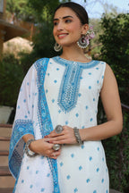Juniper Womens Blue Embroidered And Printed Kurta Sharara Dupatta Set | Grocsy