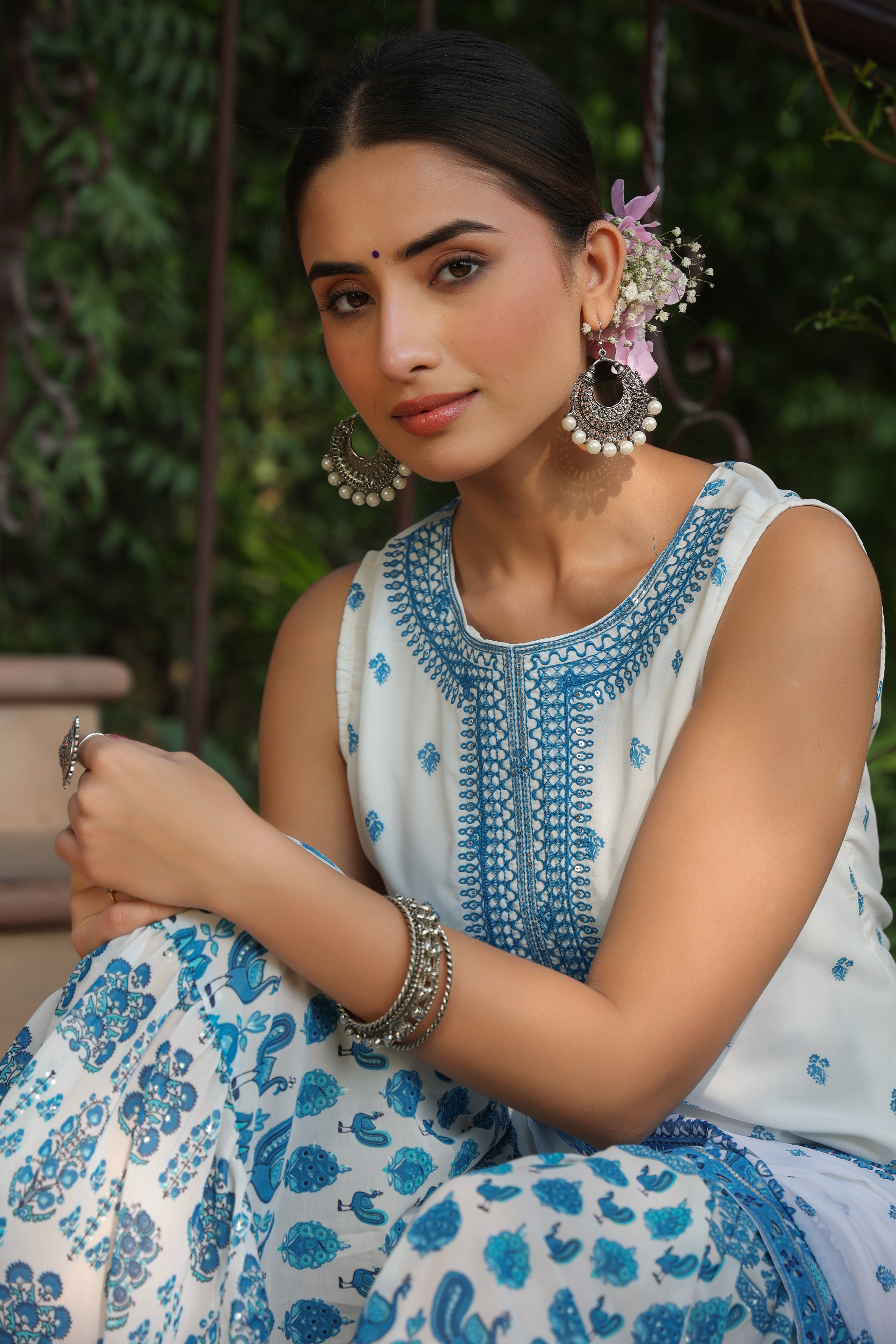 Juniper Womens Blue Embroidered And Printed Kurta Sharara Dupatta Set | Grocsy