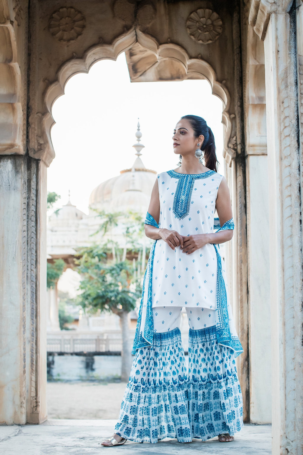 Juniper Womens Blue Embroidered And Printed Kurta Sharara Dupatta Set | Grocsy