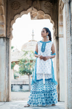 Juniper Womens Blue Embroidered And Printed Kurta Sharara Dupatta Set | Grocsy