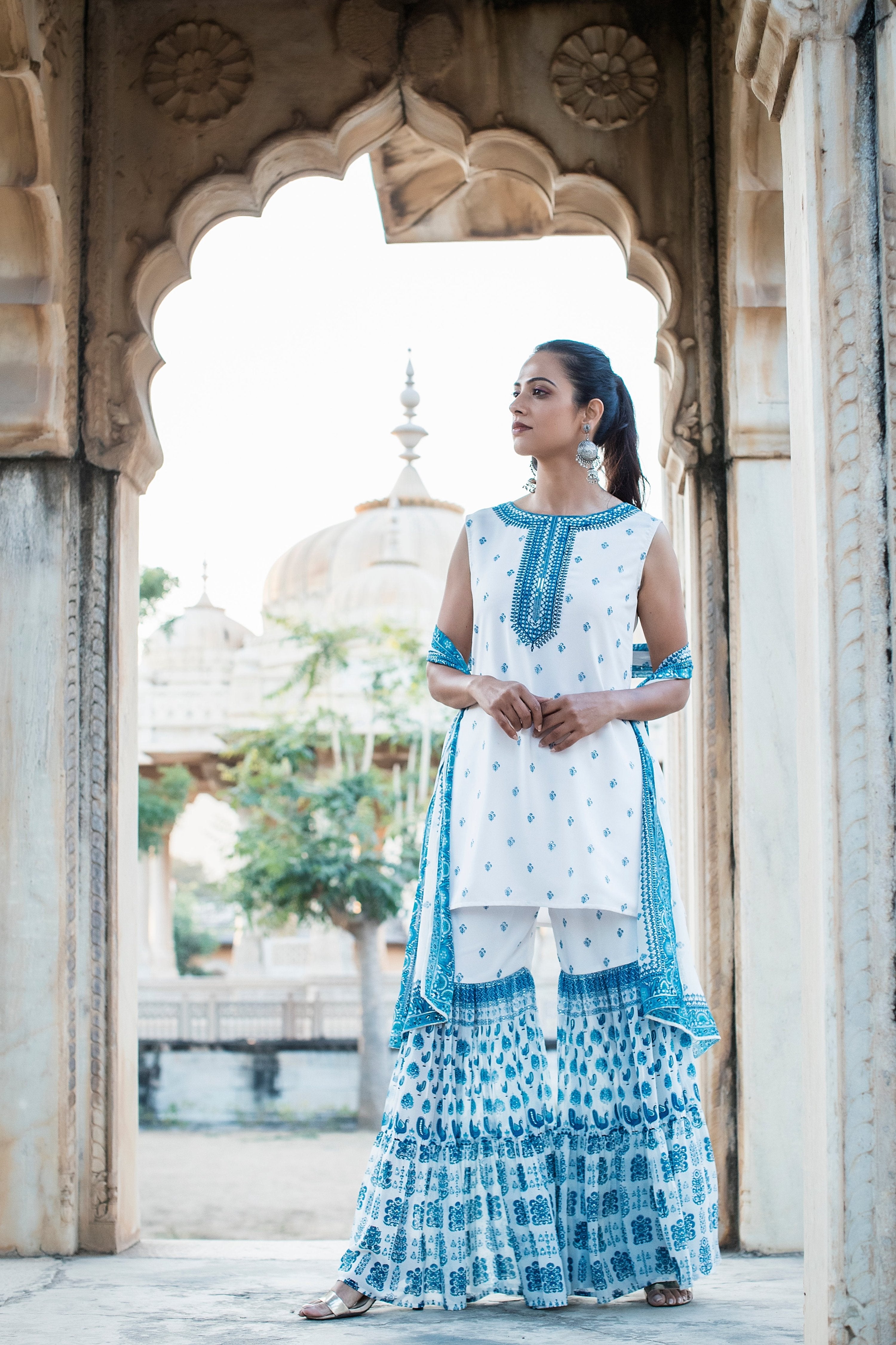 Juniper Womens Blue Embroidered And Printed Kurta Sharara Dupatta Set | Grocsy