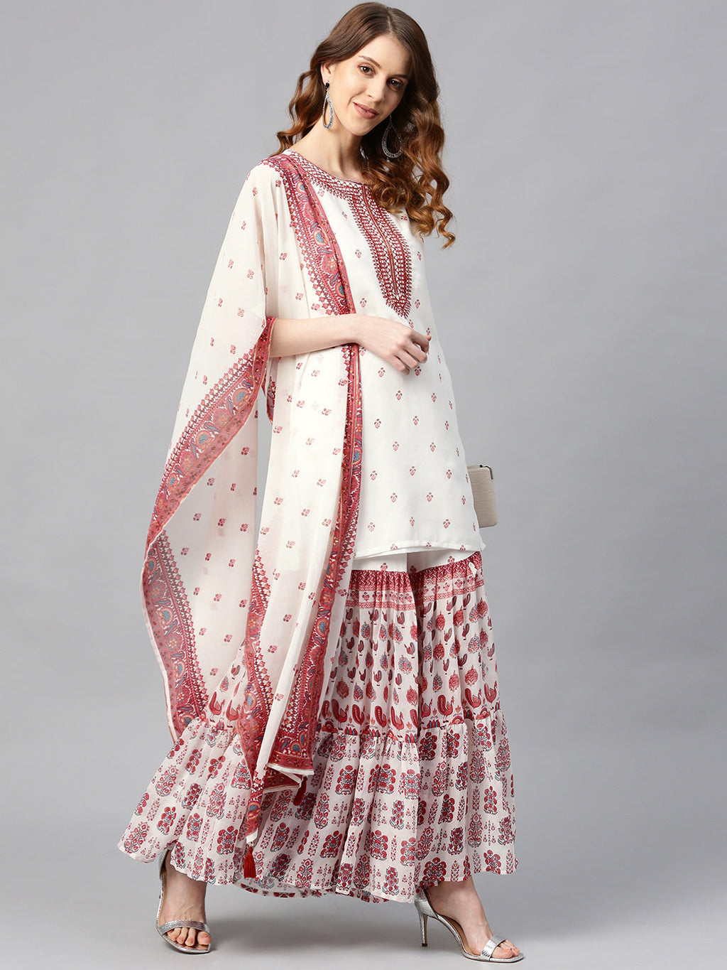 Juniper Womens Maroon Embroidered And Printed Kurta Sharara Dupatta Set | Grocsy