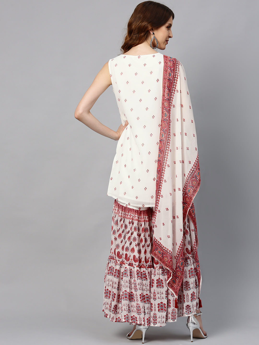 Juniper Womens Maroon Embroidered And Printed Kurta Sharara Dupatta Set | Grocsy